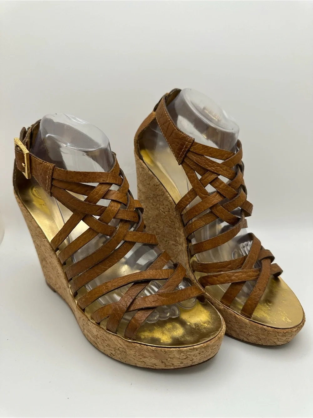 Tory Burch Tan Woven Leather Cork Platform Wedge Sandals Size 9M